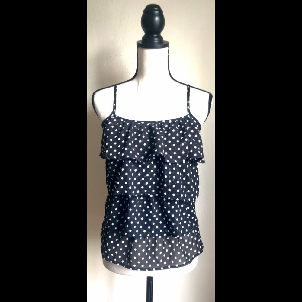 Black & White Polka Dots Tank Top: Ruffles Layered, Mesh Light Fabric, Sz. S